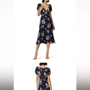 Reformation Kacey Navy Blue Floral Print V-Neck Puff Sleeve Midi Dress Size 4